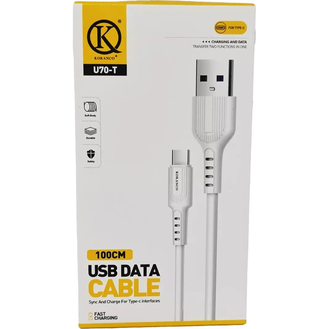 کابل شارژ 1-3 آمپر تایپ C برند Koranco مدل U70-T فست شارژ بهترین کیفیت